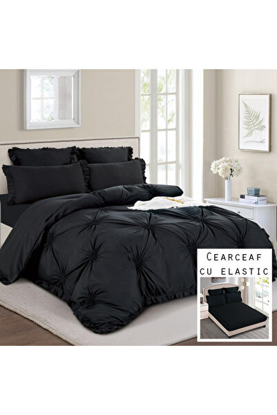 Patul Lenjerie de pat LUX - Inimi Brodate, Bumbac Finet, Pat dublu, 6 Piese, Cearceaf cu elastic