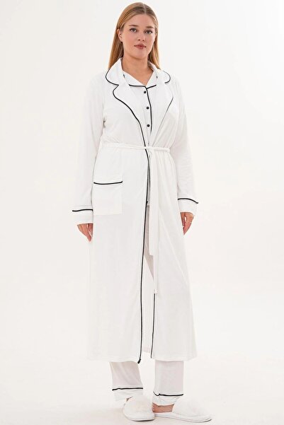 Mecit Pijama Γυναικείο Σετ Πυτζάμες 3 τεμαχίων με μακρυμάνικο πανωφόρι με κουμπιά, 65% βαμβάκι, 35% βισκόζη