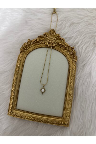 stainles steel Vintage Beyaz Taşlı Çelik Ayna Model Kolye