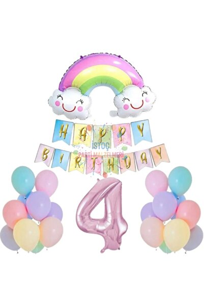 İSTOÇ PARTİ Smiling Rainbow Pink Number Foil Balloon Set Age 4