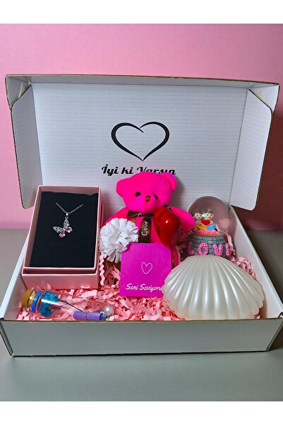 RAWEZON Pempe Konsept-Çelik Kelebek Kolye-Işıklı Mini Küre-İstiridye Mum-Dilek Şişesi-Pembe Ayıck Anahtarlık