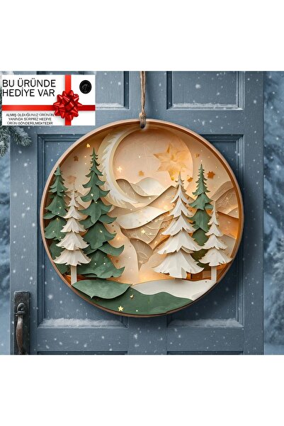 NT Handmade Yılbaşı Kapı Süsü 30 cm Çam Ağacı Temalı UV Baskı MDF Dekoratif Yeni Yıl Süsü