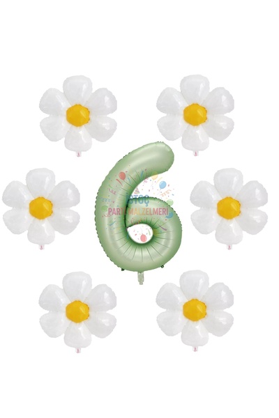 İSTOÇ PARTİ Water Green Color Number and 6 Daisy Foil Balloons Party Set Age 6