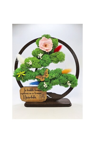 OEM Decorative Panel - Bonsai with Stabilized Moss & Decorative Accents, Message for Grandparents, Wenge