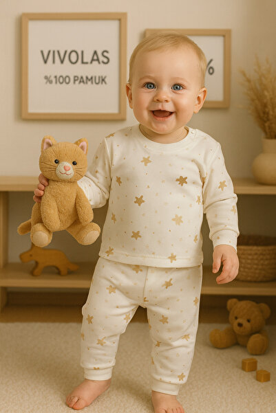 Vivolas 100% Cotton Baby Set with Snap Fasteners on the Shoulders, Unisex, 2-Piece, Top and Bottom, Monthly Sizes 3-6-9-12 Months