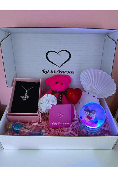 RAWEZON Pempe Konsept-Çelik Kelebek Kolye-Işıklı Mini Küre-İstiridye Mum-Dilek Şişesi-Pembe Ayıck Anahtarlık