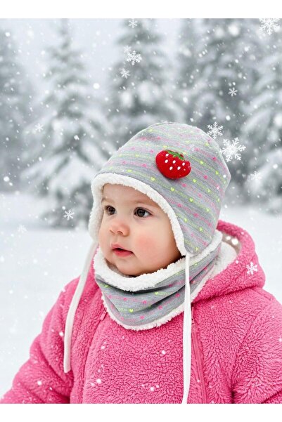 Lumos Trade Baby Girl Plush Detailed Winter Beanie and Neck Warmer Set – Warm, Soft and Stylish Design