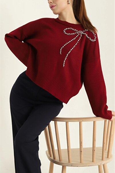 Blue Morpho Beaded Bow Detail Knitwear Stone Embellished Skirt Top Crop Sweater