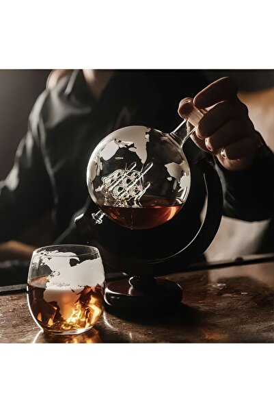 varioshop Decanter Set, Globe Shape, 2 Glasses, 9 Whiskey Stones, 2 Cork Stands, Tongs, Funnel, 850m