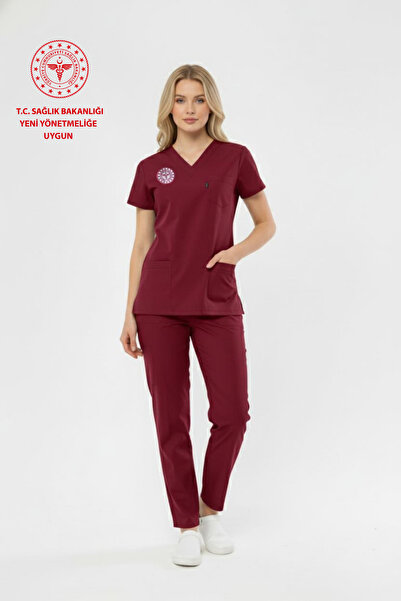 Class Üniforma Uniformă pentru spital Bordeaux material elastic Scrubs pentru femei (conform nouului reglementare - roșu pentru ciclism)
