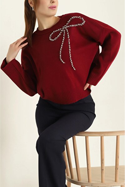 Blue Morpho Beaded Bow Detail Knitwear Stone Embellished Skirt Top Crop Sweater