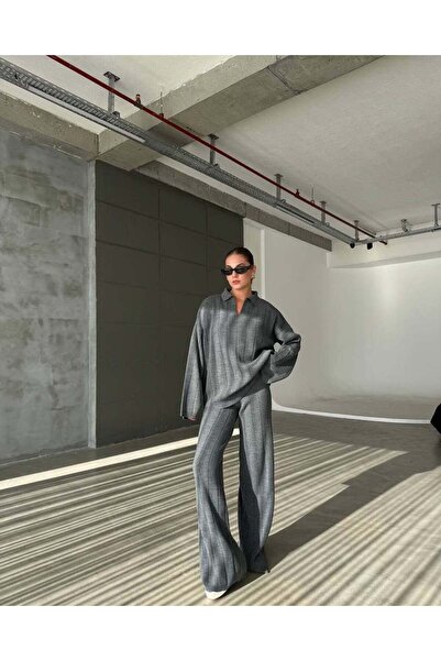 asur boutique Asur Boutique Women's Dark Anthracite Color Polo Neck Standard Size Knitwear Set