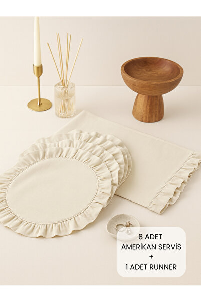Misue Handmade Set de servire american cu volane, 9 piese pentru prezentare de masă, 8 farfurii + 1 șorț, set de prezentare cu volane, 100% bumbac