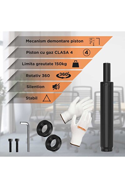 QMOBILI Kit profesional butelie de gaz pentru scaune de birou, clasa 4, 150 kg, negru, extensie de 10 cm