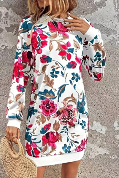 ESSFASIHON Φόρεμα μίντι με λουλουδάτο σχέδιο με λαιμόκοψη επένδυση fleece