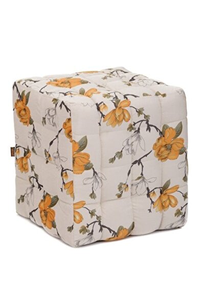 QMOBILI BUMP Ottoman - Cream Floral / Orange, Plush Fabric, Cube