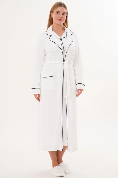 By Mecit Pijama Women's Shirt Collar Long Sleeve Dressing Gown Nightgown 2-Piece Set 65% Cotton 35% Viscose