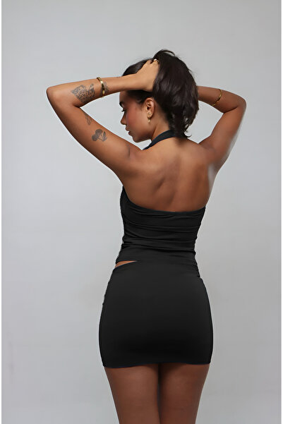 Baluxe Black Double Layered Cotton Halter Neck Blouse