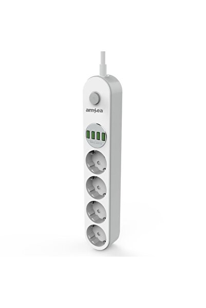 amXea SR-440L-W Power Strip White, 4 Sockets, 4xUSB 5V/3.4A, 2m, 2500W, Child Protection, Anti-stati
