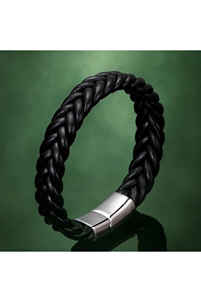 voyageaccessory Stylish Model Men's Braided Leather Bracelet with Magnetic Steel Lock, Available in Brown & Black Colors