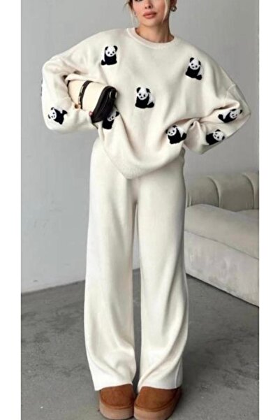 hiraz fashion Women's Ecru Panda Patterned Knitwear Two-Piece Set