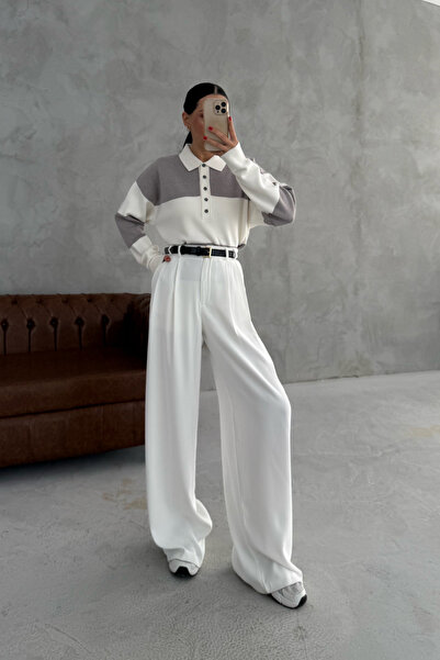 Seda Yalçın Atelier White Palazzo Trousers with Cuff Detail