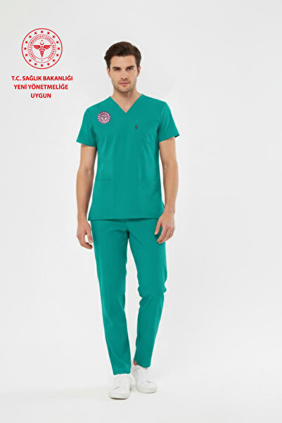 Class Üniforma Turkuaz Aile Sağlığı Çalışan Forması Likralı Scrubs Erkek (Yen...