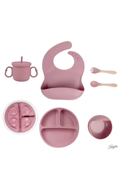 kaylia Set Hranire Bebelusi Din Silicon - Farfurie+Bol, Tacamuri, Cana, Baveta, Roz