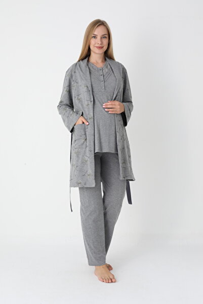 Lohussa Women's Smoked Patterned Shawl Collar Special Design Winter Long Sleeve Maternity Pajama Set