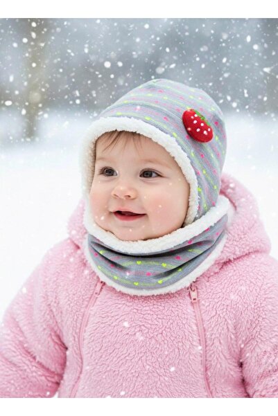 Lumos Trade Baby Girl Plush Detailed Winter Beanie and Neck Warmer Set – Warm, Soft and Stylish Design
