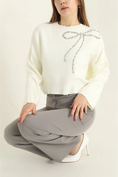 Blue Morpho Beaded Bow Detail Knitwear Stone Embellished Skirt Top Crop Sweater