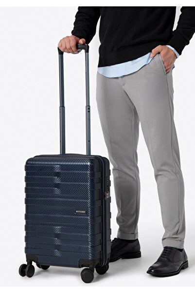 Wittchen Valiză de cabină pentru bărbați din policarbonat cu dungi orizontale, albastru marin, policarbonat