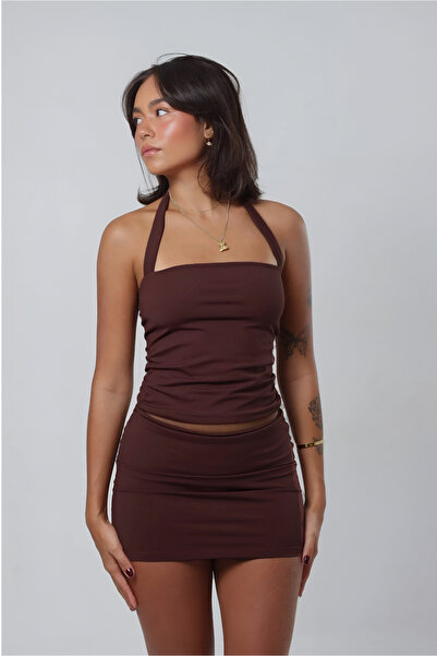 Baluxe Brown Double Layered Cotton Halter Neck Blouse