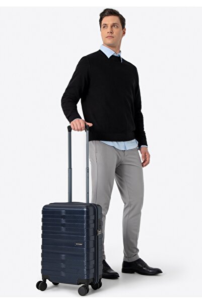Wittchen Valiză de cabină pentru bărbați din policarbonat cu dungi orizontale, albastru marin, policarbonat