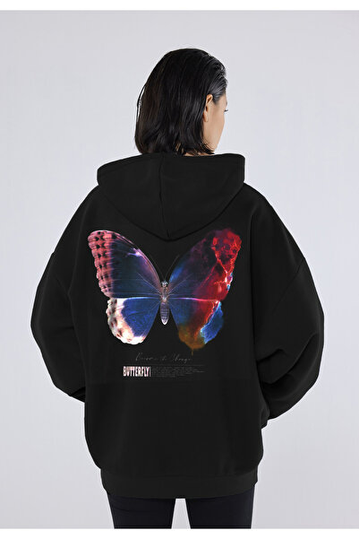LUCKYPORT Butterfly Back and Front Printed Winter Fleece Thick Sweatshirt Hoodie