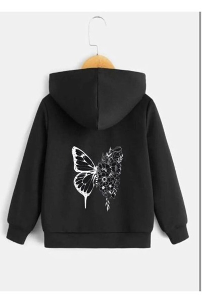 LUSHN Children's Floral Butterfly Printed Black Zipper Cardigan