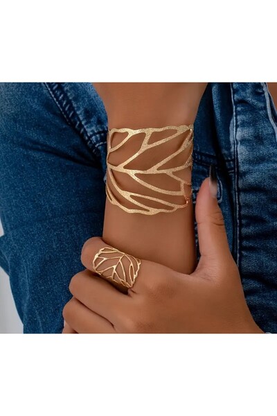 Visale Store Çelik Yaprak Desenli 2’li Takı Seti Yüzük & Bileklik