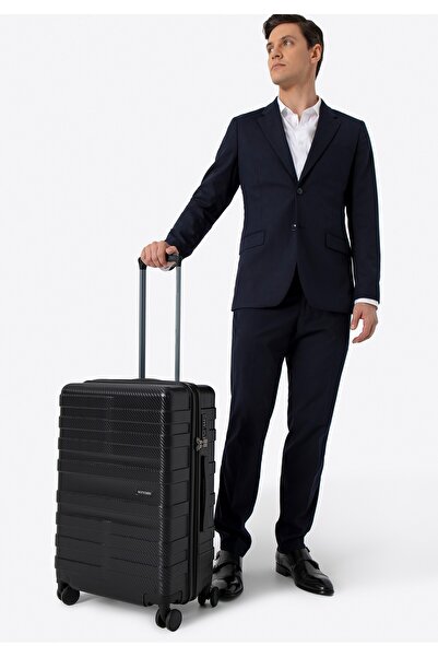 Wittchen Valiză bărbătească medie din policarbonat cu dungi orizontale, neagră, policarbonat negru