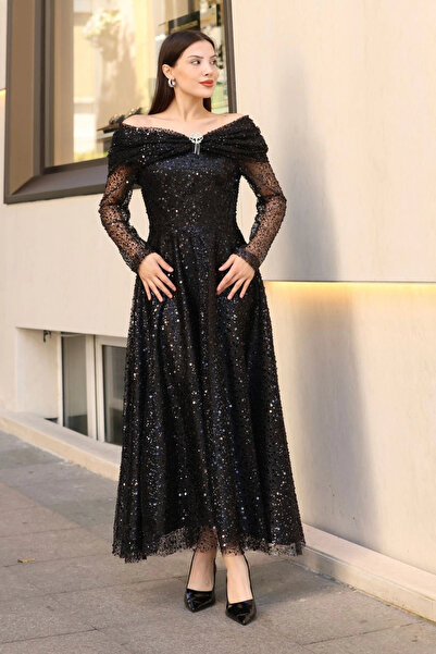 lodmela Aşkın Büyüsü Abiye Elbise 6054-Siyah