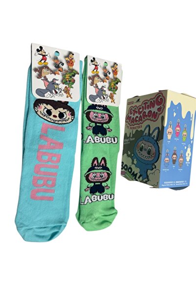 Blotch Labubu Character Knee-High Girls' 2-Piece Green Turquoise Socks Set