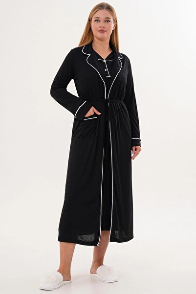 Mecit Pijama Жіноча сорочка з коміром, довгими рукавами, халатом і нічною сорочкою, 2-х частинний комплект, 65% бавовна, 35% віскоза