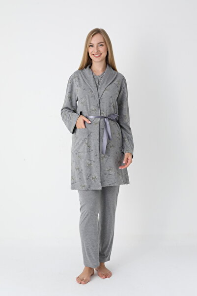 Lohussa Women's Smoked Patterned Shawl Collar Special Design Winter Long Sleeve Maternity Pajama Set