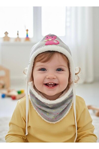 Lumos Trade Baby Girl Plush Detailed Winter Beanie and Neck Warmer Set – Warm, Soft and Stylish Design