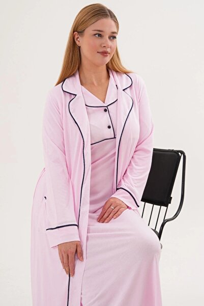 By Mecit Pijama Women's Shirt Collar Long Sleeve Dressing Gown Nightgown 2-Piece Set 65% Cotton 35% Viscose