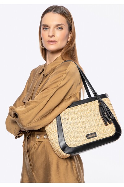 Wittchen Women's shoulder bag made of beige and black weave, beige and black ...