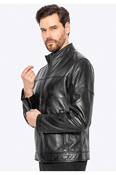 Wittchen Jachetă bărbătească de motociclist din piele naturală, neagră