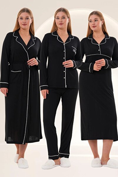 By Mecit Pijama Women's Long Sleeve Shirt Collar Dressing Gown+Nightgown+Pajamas 4-Piece Set 65% Cotton 35% Viscose
