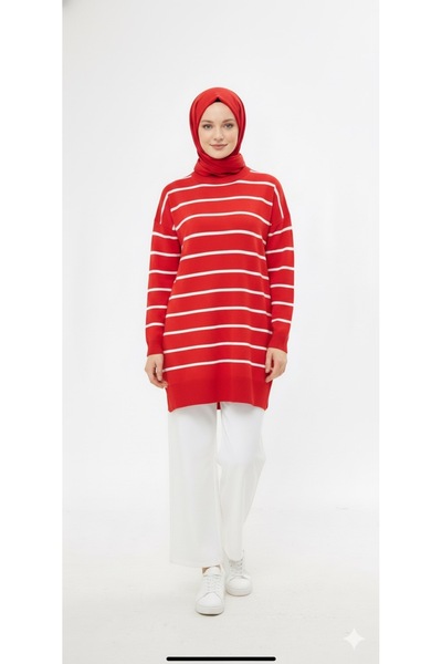 Minharir Tesettür Çizgili Triko Tunik – Kadın Oversize Uzun Rahat Kalıp