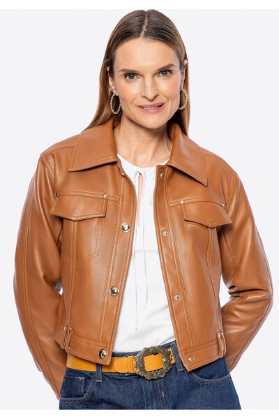 Wittchen Geacă de piele maro pentru femei cu clapete
