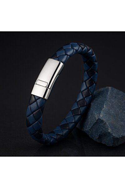 voyageaccessory Stylish Magnetic Steel Clip Blue & Black Mesh Design Men's Leather Bracelet